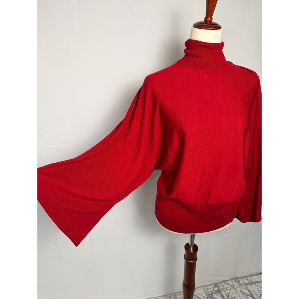 Chicos Red Silk Blend Turtleneck Dolman Bell Sleeve Sweater Size 2 LG holiday